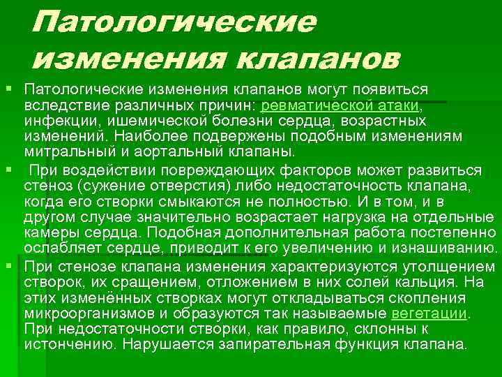 Патологические изменения клапанов § Патологические изменения клапанов могут появиться вследствие различных причин: ревматической атаки,