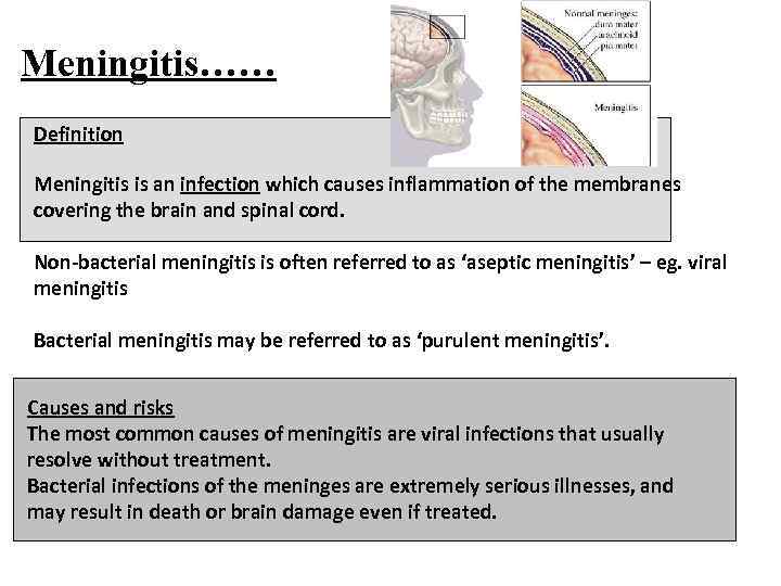 Meningitis…… Definition Meningitis is an infection which causes inflammation of the membranes covering the