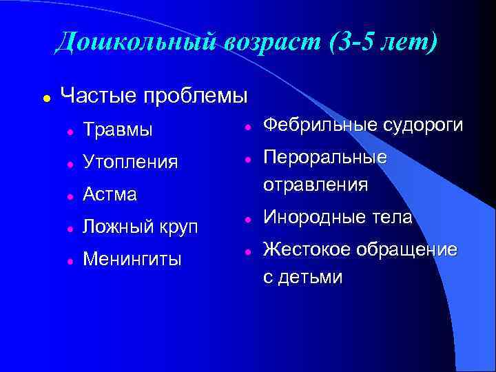 Дошкольный возраст (3 -5 лет) l Частые проблемы l Травмы l l Утопления l