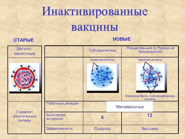 Инактивированные вакцины НОВЫЕ СТАРЫЕ Субъединичные Расщепленные (в России не производятся) Наружные антигены Цельновирионные Наружные