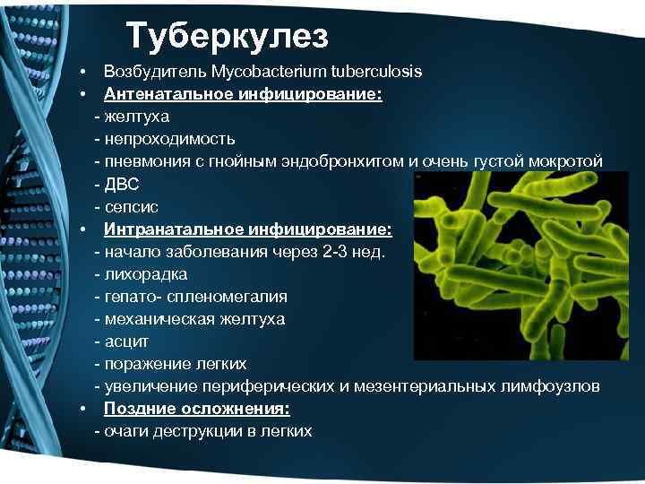 Туберкулез • • Возбудитель Mycobacterium tuberculosis Антенатальное инфицирование: - желтуха - непроходимость - пневмония