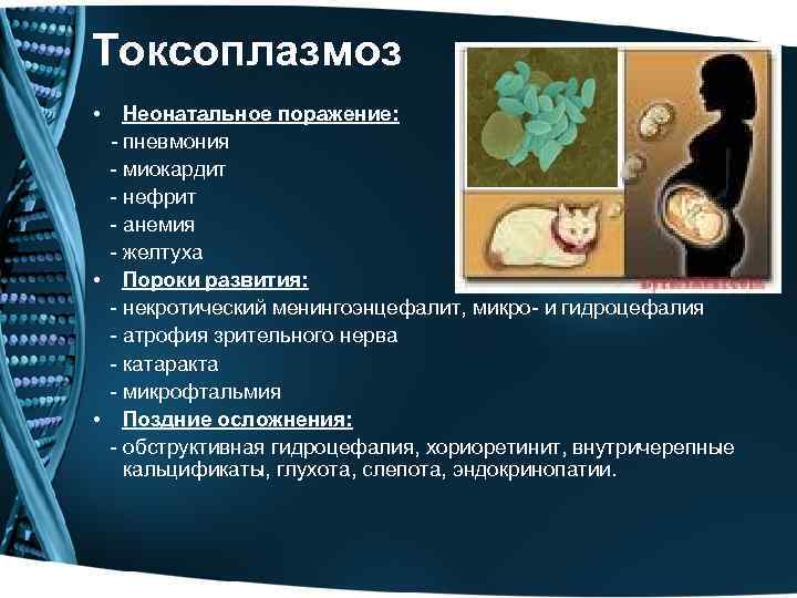 Токсоплазмоз • Неонатальное поражение: - пневмония - миокардит - нефрит - анемия - желтуха