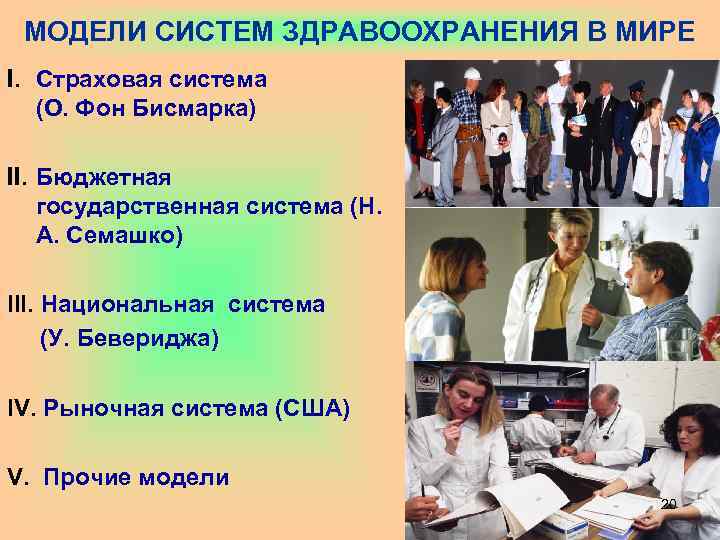 МОДЕЛИ СИСТЕМ ЗДРАВООХРАНЕНИЯ В МИРЕ I. Страховая система (О. Фон Бисмарка) II. Бюджетная государственная
