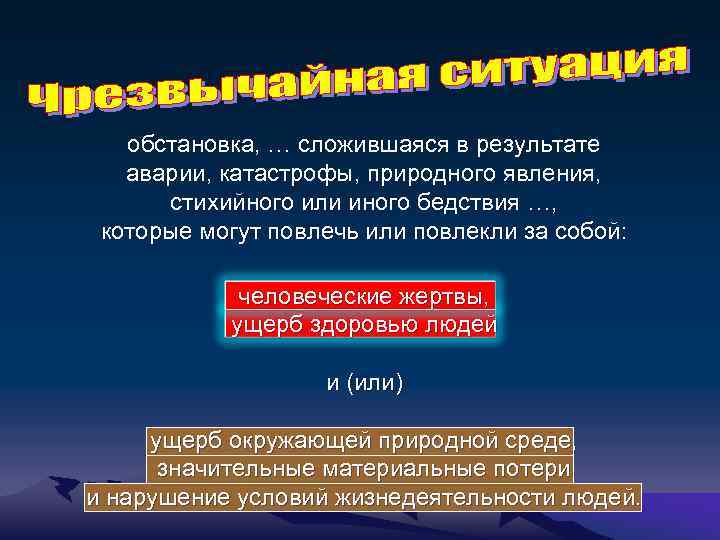 обстановка, … сложившаяся в результате аварии, катастрофы, природного явления, стихийного или иного бедствия …,