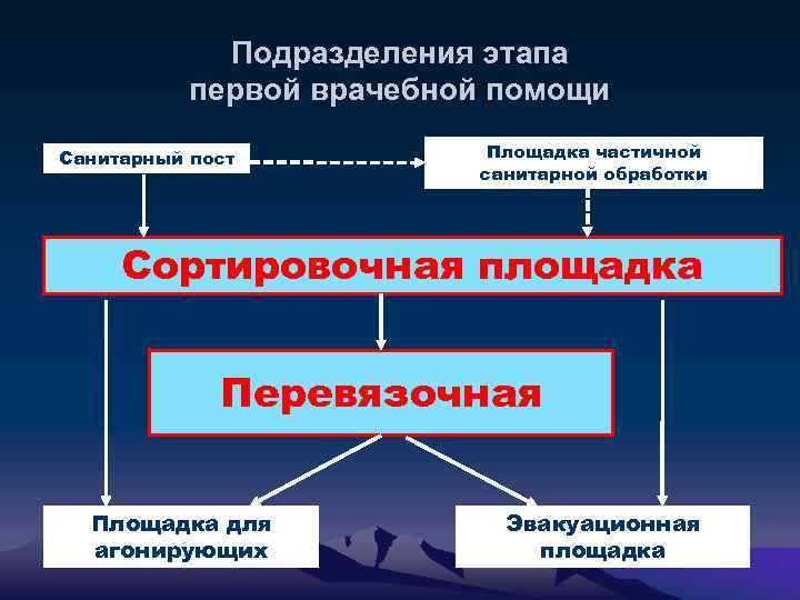 Подразделения этапа первой врачебной помощи Санитарный пост Площадка частичной санитарной обработки Сортировочная площадка Перевязочная