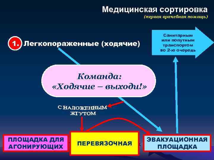 Медицинская сортировка (первая врачебная помощь) Санитарным или попутным транспортом во 2 -ю очередь 1.