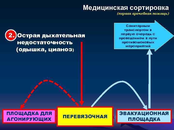 Медицинская сортировка (первая врачебная помощь) 2. Острая дыхательная недостаточность (одышка, цианоз) ПЛОЩАДКА ДЛЯ АГОНИРУЮЩИХ