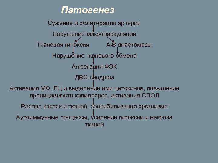 Патогенез Сужение и облитерация артерий Нарушение микроциркуляции Тканевая гипоксия А-В анастомозы Нарушение тканевого обмена