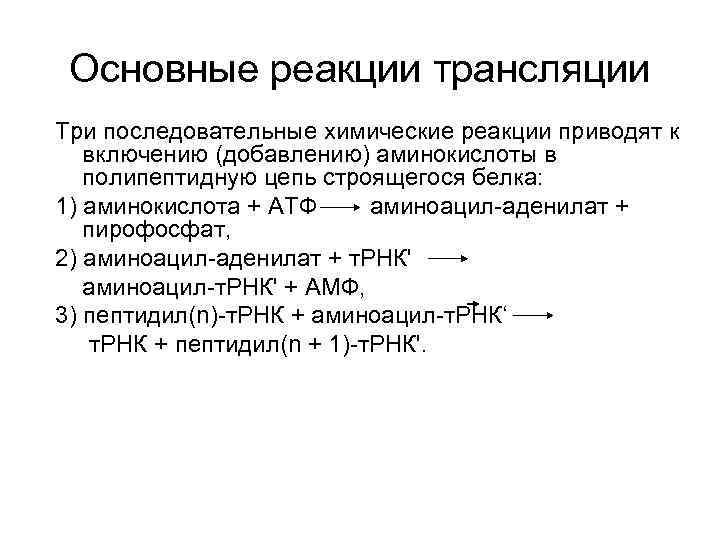 Основные реакции трансляции Три последовательные химические реакции приводят к включению (добавлению) аминокислоты в полипептидную
