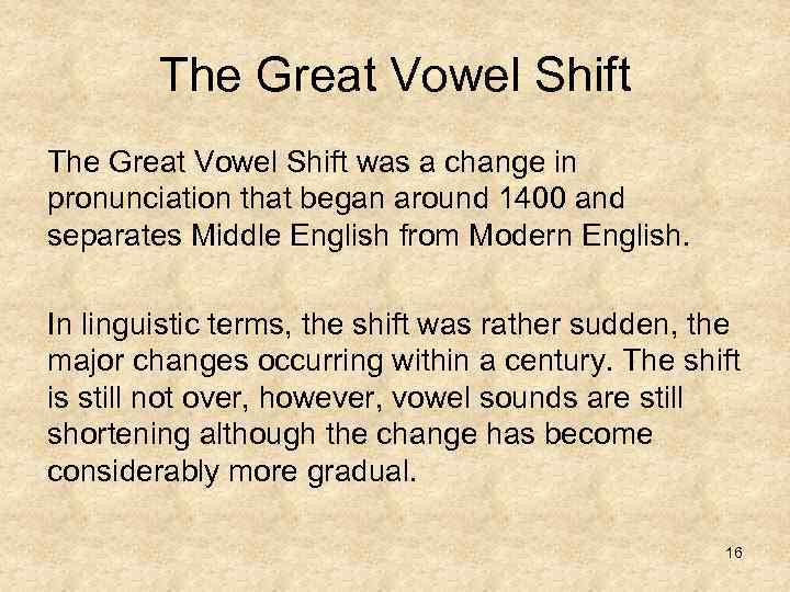 The Great Vowel Shift was a change in pronunciation that began around 1400 and