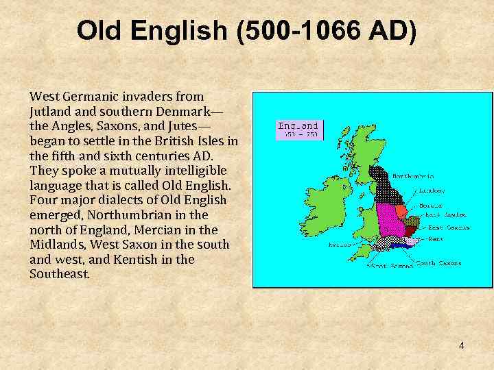 Old English (500 -1066 AD) West Germanic invaders from Jutland southern Denmark— the Angles,