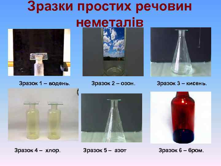 Зразки простих речовин неметалів Зразок 1 – водень. Зразок 4 – хлор. Зразок 2