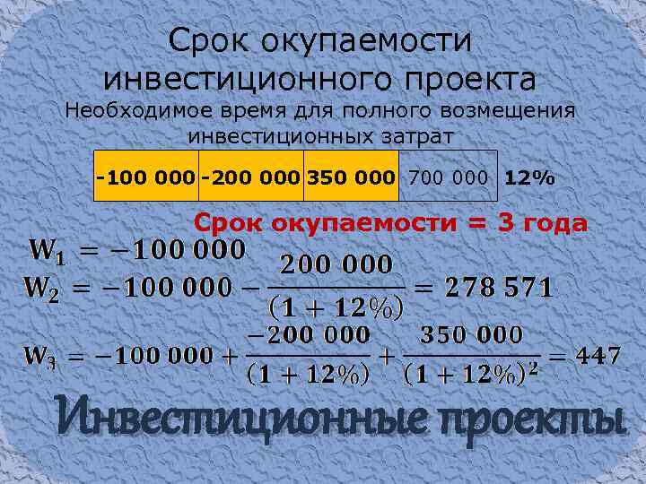 Срок окупаемости инвестиционного проекта Необходимое время для полного возмещения инвестиционных затрат -100 000 -200