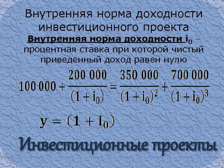 Внутренняя норма доходности инвестиционного проекта Внутренняя норма доходности i 0 процентная ставка при которой