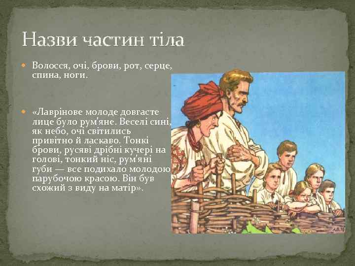 Назви частин тiла Волосся, очi, брови, рот, серце, спина, ноги. «Лаврінове молоде довгасте лице