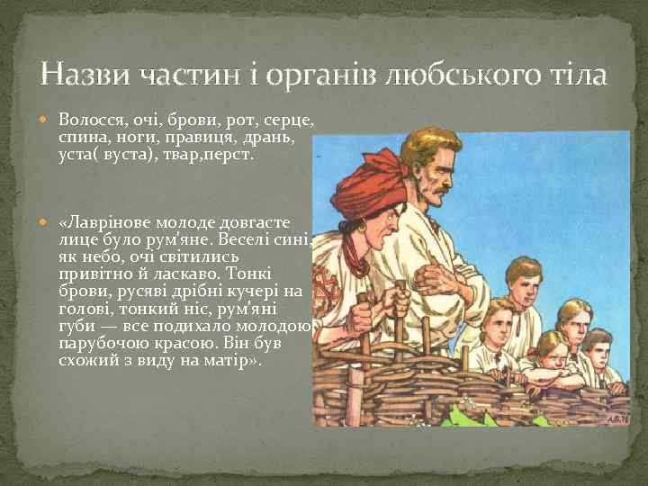 Назви частин i органiв любського тiла Волосся, очi, брови, рот, серце, спина, ноги, правиця,