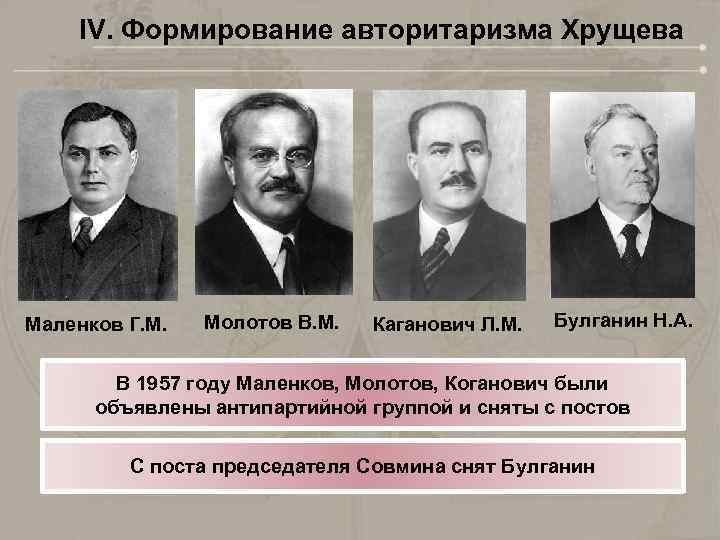 IV. Формирование авторитаризма Хрущева Маленков Г. М. Молотов В. М. Каганович Л. М. Булганин