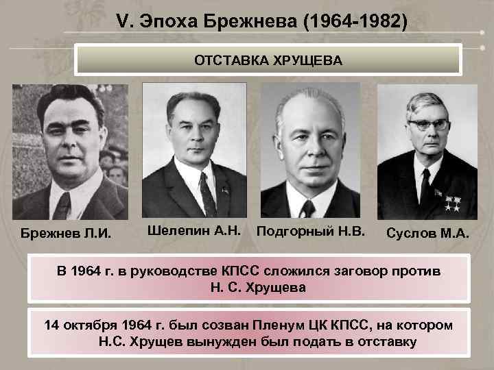 V. Эпоха Брежнева (1964 -1982) ОТСТАВКА ХРУЩЕВА Брежнев Л. И. Шелепин А. Н. Подгорный