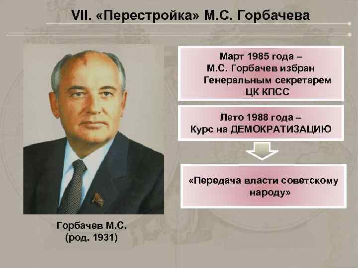 VII. «Перестройка» М. С. Горбачева Март 1985 года – М. С. Горбачев избран Генеральным