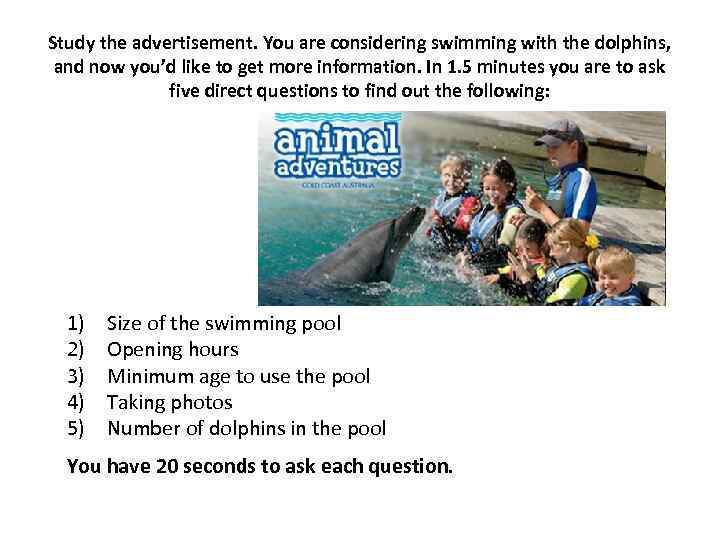 Study the advertisement. You are considering swimming with the dolphins, and now you’d like