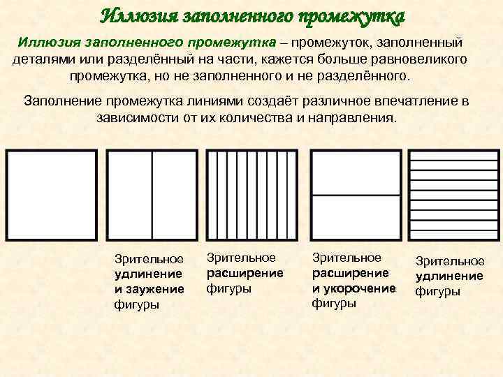 Иллюзия заполненного промежутка – промежуток, заполненный деталями или разделённый на части, кажется больше равновеликого