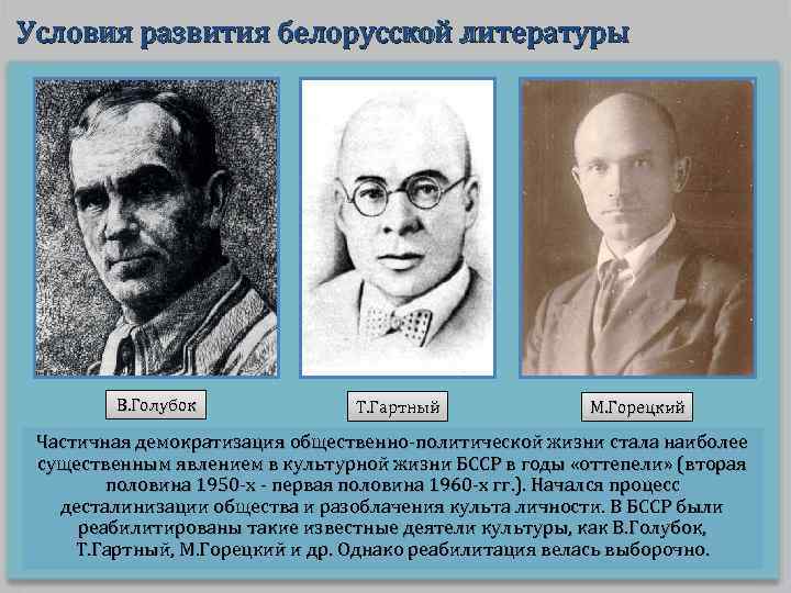 Условия развития белорусской литературы В. Голубок Т. Гартный М. Горецкий Частичная демократизация общественно-политической жизни