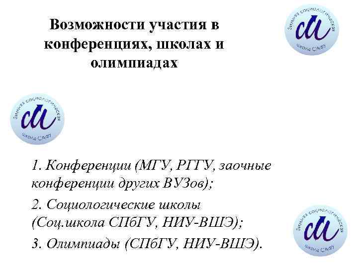 Возможности участия в конференциях, школах и олимпиадах 1. Конференции (МГУ, РГГУ, заочные конференции других