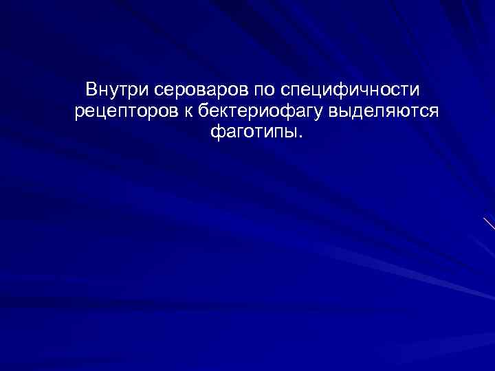 Внутри сероваров по специфичности рецепторов к бектериофагу выделяются фаготипы. 