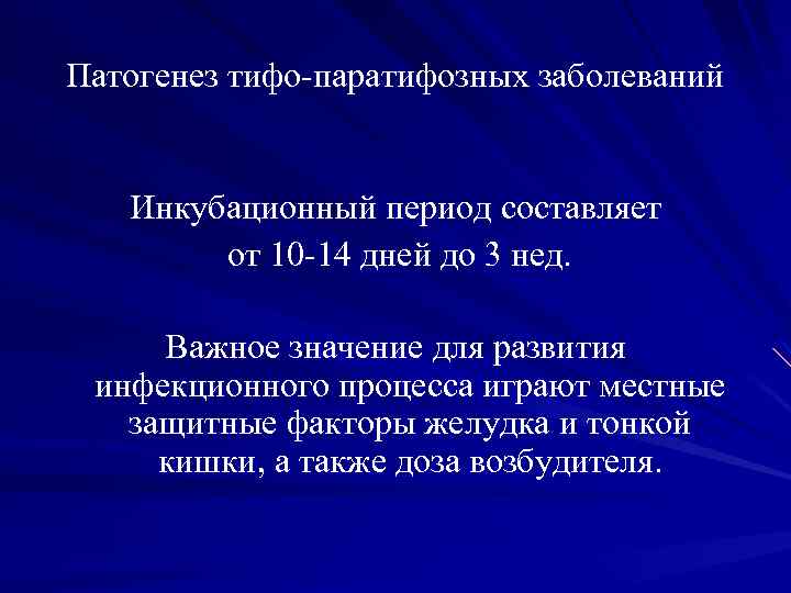 Патогенез тифо-паратифозных заболеваний Инкубационный период составляет от 10 -14 дней до 3 нед. Важное