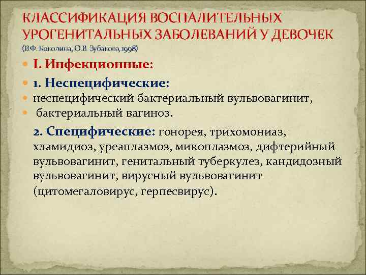 КЛАССИФИКАЦИЯ ВОСПАЛИТЕЛЬНЫХ УРОГЕНИТАЛЬНЫХ ЗАБОЛЕВАНИЙ У ДЕВОЧЕК (В. Ф. Коколина, О. В. Зубакова, 1998) I.