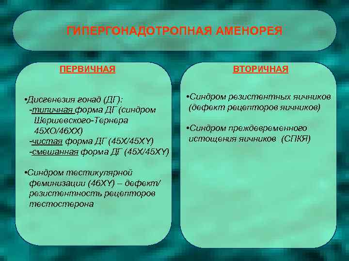 ГИПЕРГОНАДОТРОПНАЯ АМЕНОРЕЯ ПЕРВИЧНАЯ • Дисгенезия гонад (ДГ): -типичная форма ДГ (синдром Шершевского-Тернера 45 ХО/46