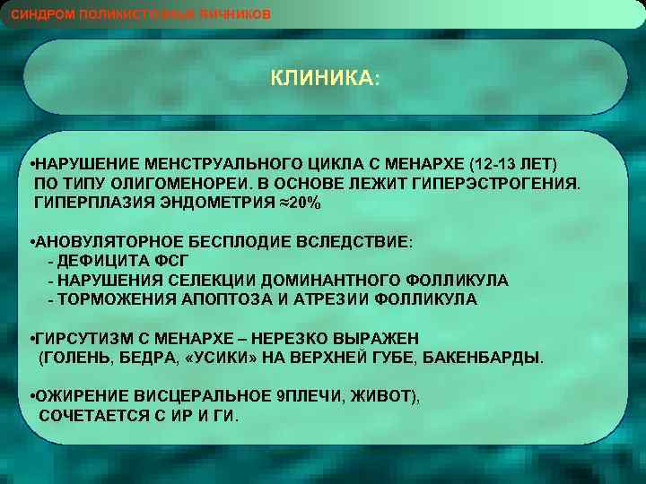 СИНДРОМ ПОЛИКИСТОЗНЫХ ЯИЧНИКОВ КЛИНИКА: • НАРУШЕНИЕ МЕНСТРУАЛЬНОГО ЦИКЛА С МЕНАРХЕ (12 -13 ЛЕТ) ПО