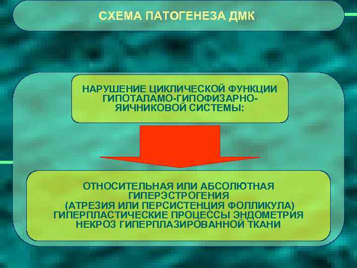 СХЕМА ПАТОГЕНЕЗА ДМК НАРУШЕНИЕ ЦИКЛИЧЕСКОЙ ФУНКЦИИ ГИПОТАЛАМО-ГИПОФИЗАРНОЯИЧНИКОВОЙ СИСТЕМЫ: ОТНОСИТЕЛЬНАЯ ИЛИ АБСОЛЮТНАЯ ГИПЕРЭСТРОГЕНИЯ (АТРЕЗИЯ ИЛИ