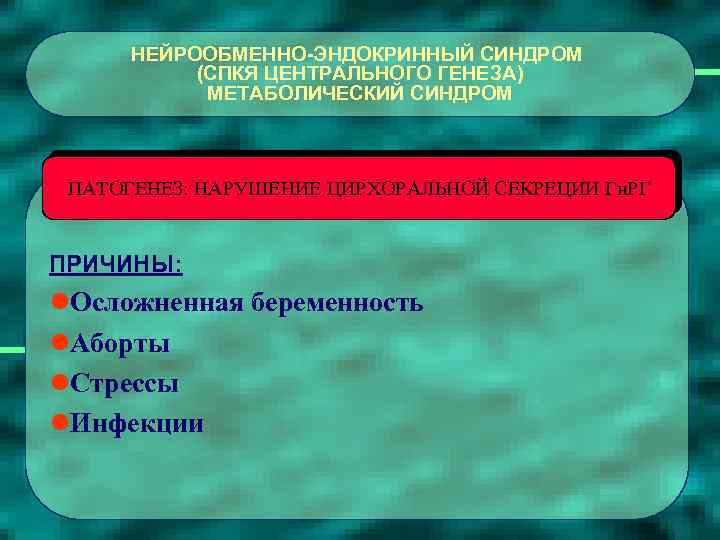 НЕЙРООБМЕННО-ЭНДОКРИННЫЙ СИНДРОМ (СПКЯ ЦЕНТРАЛЬНОГО ГЕНЕЗА) МЕТАБОЛИЧЕСКИЙ СИНДРОМ ПАТОГЕНЕЗ: НАРУШЕНИЕ ЦИРХОРАЛЬНОЙ СЕКРЕЦИИ Гн. РГ ПРИЧИНЫ: