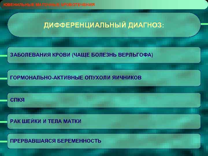 ЮВЕНИЛЬНЫЕ МАТОЧНЫЕ КРОВОТЕЧЕНИЯ ДИФФЕРЕНЦИАЛЬНЫЙ ДИАГНОЗ: ЗАБОЛЕВАНИЯ КРОВИ (ЧАЩЕ БОЛЕЗНЬ ВЕРЛЬГОФА) ГОРМОНАЛЬНО-АКТИВНЫЕ ОПУХОЛИ ЯИЧНИКОВ СПКЯ