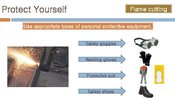 Protect Yourself Flame cutting Use appropriate types of personal protective equipment. Safety goggles Welding