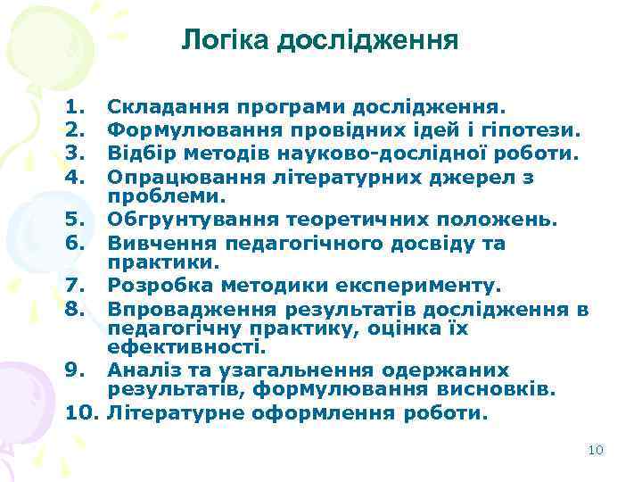 Логіка дослідження 1. 2. 3. 4. Складання програми дослідження. Формулювання провідних ідей і гіпотези.