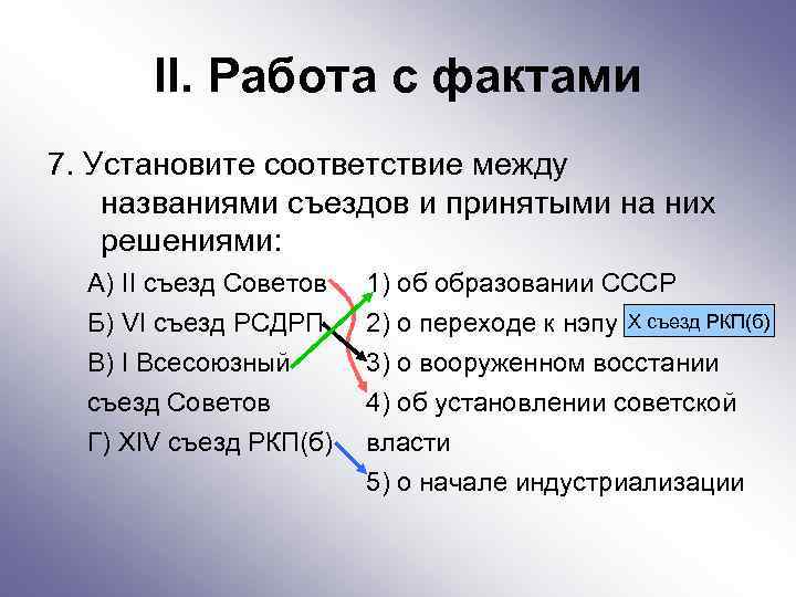 II. Работа с фактами 7. Установите соответствие между названиями съездов и принятыми на них