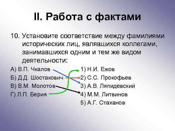 II. Работа с фактами 10. Установите соответствие между фамилиями исторических лиц, являвшихся коллегами, занимавшихся