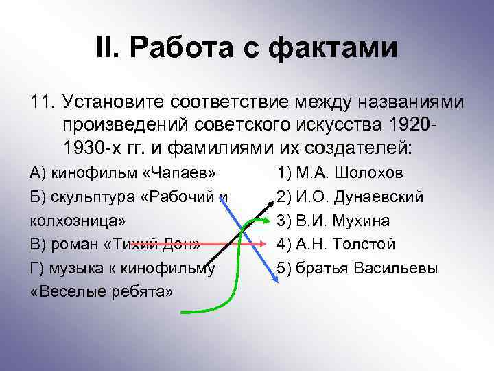 II. Работа с фактами 11. Установите соответствие между названиями произведений советского искусства 19201930 -х