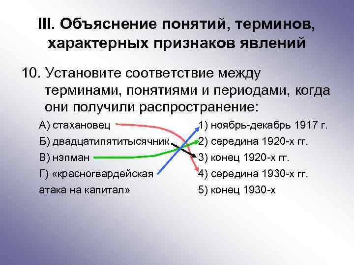 III. Объяснение понятий, терминов, характерных признаков явлений 10. Установите соответствие между терминами, понятиями и