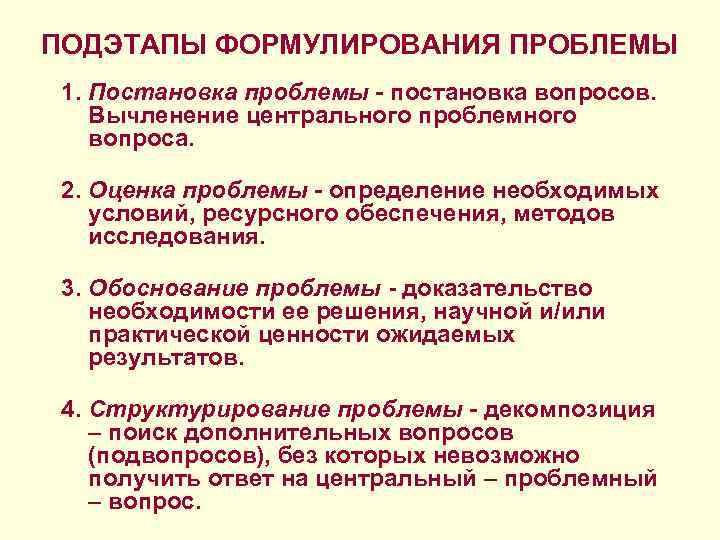 ПОДЭТАПЫ ФОРМУЛИРОВАНИЯ ПРОБЛЕМЫ 1. Постановка проблемы - постановка вопросов. Вычленение центрального проблемного вопроса. 2.