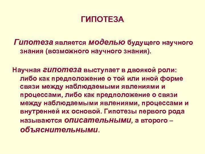 ГИПОТЕЗА Гипотеза является моделью будущего научного знания (возможного научного знания). Научная гипотеза выступает в