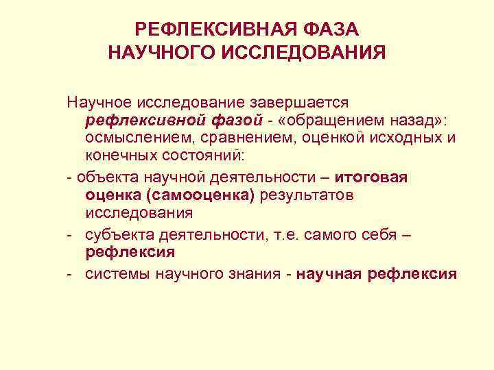 РЕФЛЕКСИВНАЯ ФАЗА НАУЧНОГО ИССЛЕДОВАНИЯ Научное исследование завершается рефлексивной фазой - «обращением назад» : осмыслением,