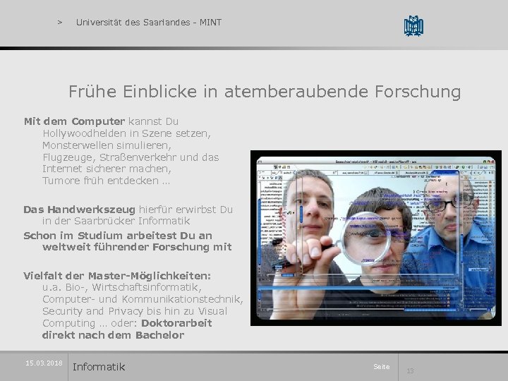 > Universität des Saarlandes - MINT Frühe Einblicke in atemberaubende Forschung Mit dem Computer