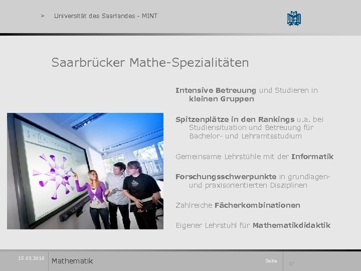 > Universität des Saarlandes - MINT Saarbrücker Mathe-Spezialitäten Intensive Betreuung und Studieren in kleinen