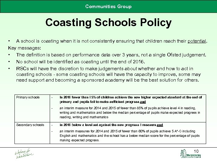 Communities Group Coasting Schools Policy • A school is coasting when it is not