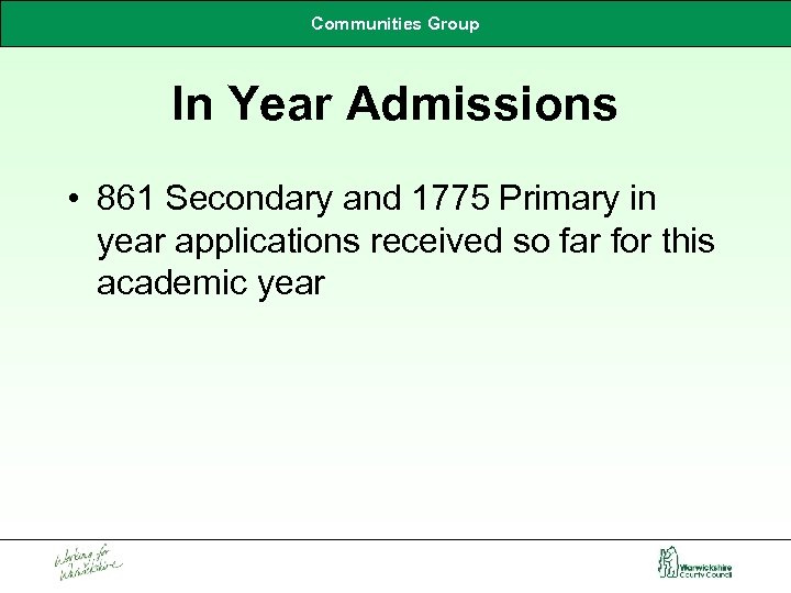 Communities Group In Year Admissions • 861 Secondary and 1775 Primary in year applications