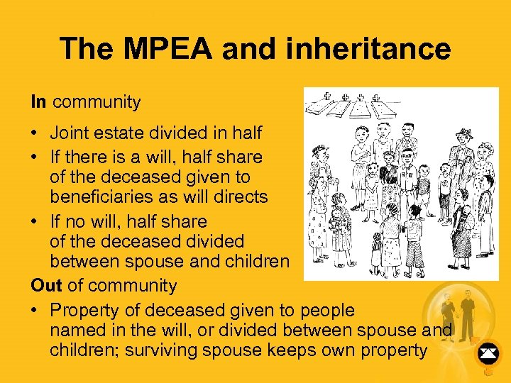 The MPEA and inheritance In community • Joint estate divided in half • If