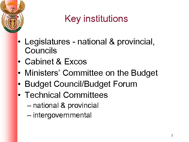 Key institutions • Legislatures - national & provincial, Councils • Cabinet & Excos •
